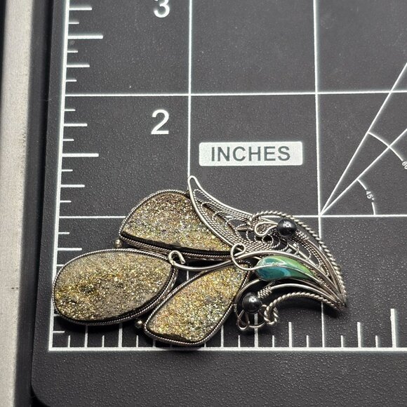 VTG Goldstone Leaf Brooch Pendant 2.25" Silver Tone Green Glass Hematite Accents - Picture 9 of 11